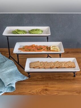 Gibson 3-Tier White Ceramic Serving Stand with Black Metal Frame - White